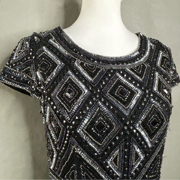 Adrianna Papell Beaded Mesh Sheath Dress Black Silver Sequin Art Deco Mod Mini - Picture 7 of 15